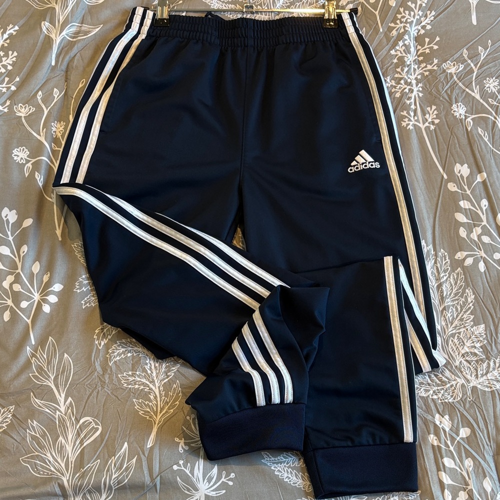 NWOT Adidas Kids Navy Tricot Joggers with White 3-Stripes